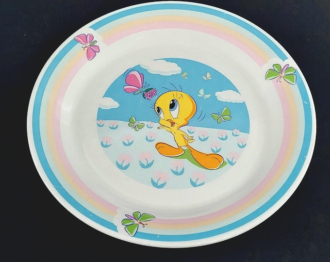 Vintage Gibson Looney Tunes Tweety Bird Ceramic Dinner Plate Set - Rainbow & Butterflies Design