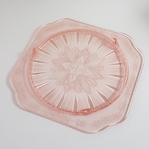 Pink Depression Glass Footed Cake Plate, Vintage Jeanette Glass ADAM Pattern, 1930s