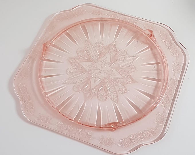Pink Depression Glass Footed Cake Plate, Vintage Jeanette Glass ADAM Pattern, 1930s