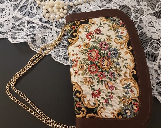 Vintage Floral Tapestry Evening Purse with Adjustable Chain, Converts to Clutch, Snap Button Closure, Made in Hong Kong, 1960s