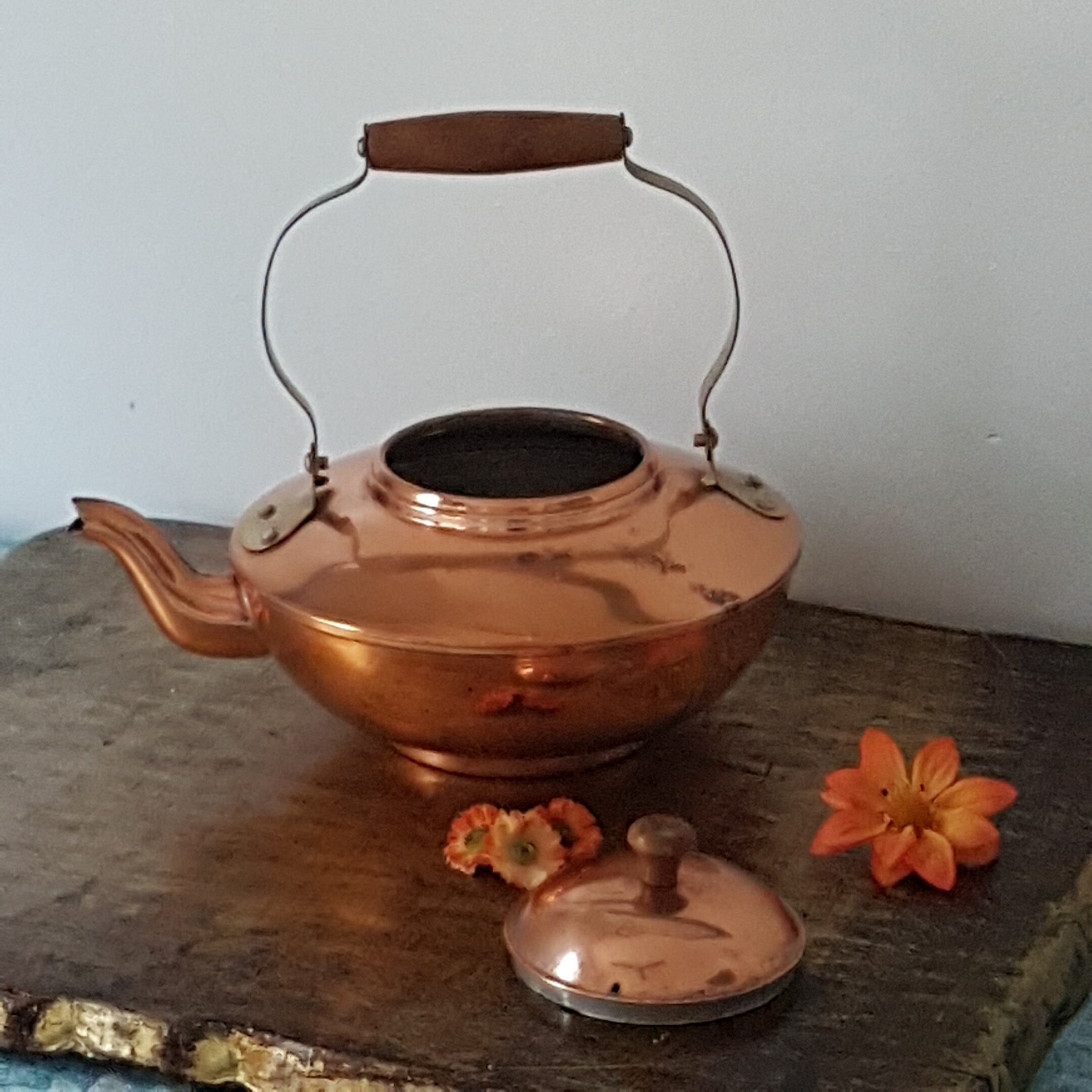 Vintage Copper Kettle with Wood Handle, 6 Cup, Copper Kitchen