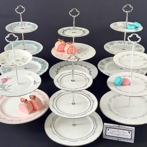 3-Tier Cake Stand Vintage English Bone China Mismatched Silver Edge Tea Party Serving Tray
