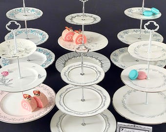 3 Tier Stand Handcrafted Vintage English Bone China Mismatched Silver Edge Tea Server