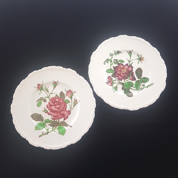 Vintage Cauldon England Floral Dinner Plates - Mismatched Embossed Set of 2, 11 inch, 1930s