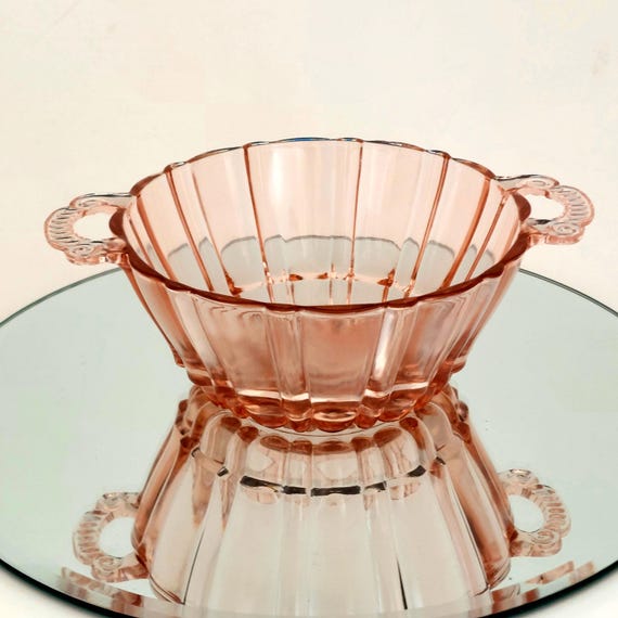 Vintage Anchor Hocking Old Cafe Pink Depression Glass Handled Berry Bowl Candy Dish
