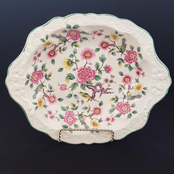 Vintage James Kent Old Foley Serving Bowl, Chinese Rose, Embossed Rim (12 inch)
