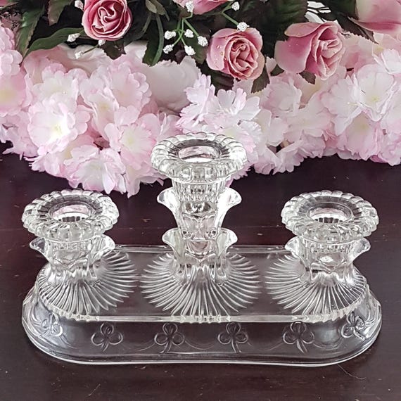 Mid Century Cambridge Glass Triple Taper Candle Holder Vintage Candelabra Centerpiece Table Decor