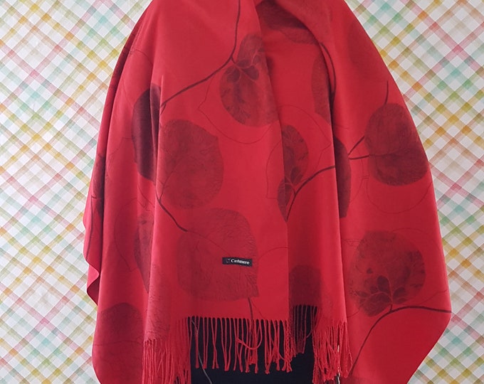 Red Cashmere Scarf, Shoulder Wrap, Printed Leaf Design, Reversible to Solid Red