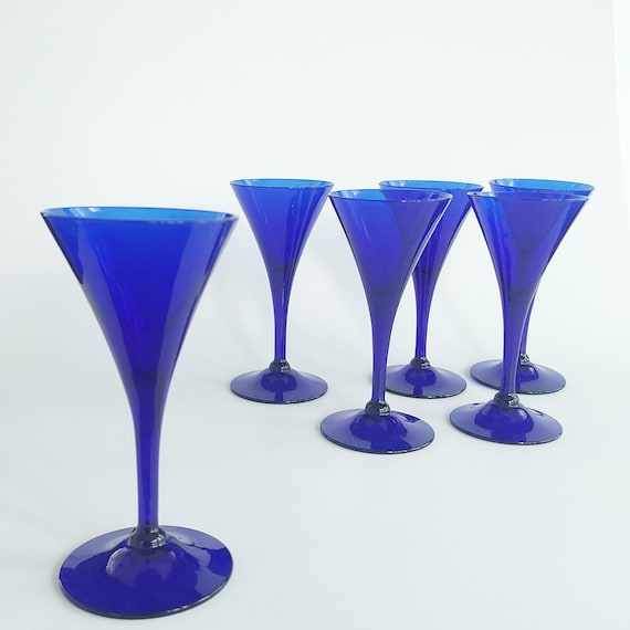 Vintage Cobalt Blue Trumpet Cordial Glasses - Set of 6