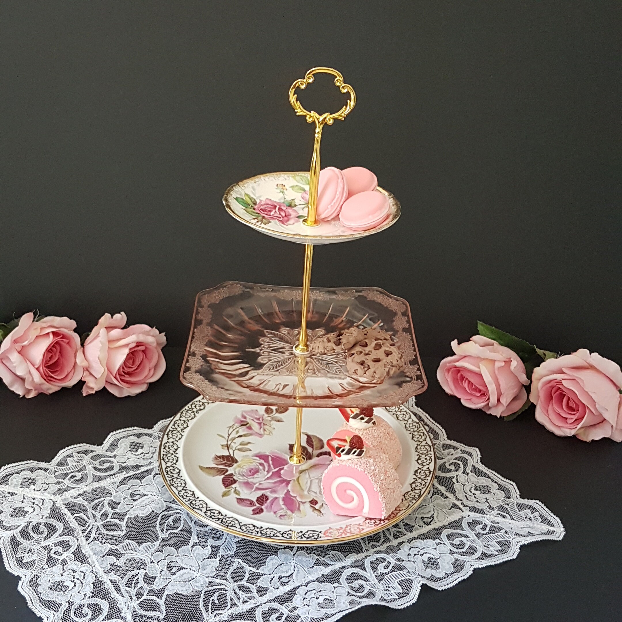 RESERVED - 3 Tier Cake Stand, Mismatch Vintage Plates, Pink Depression ...