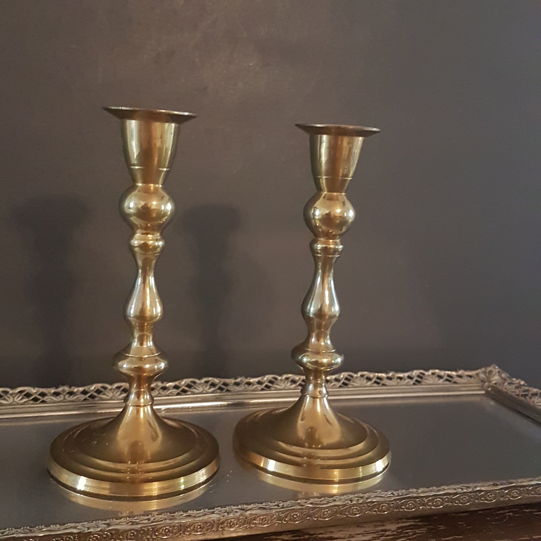 Set of 2 Tall Vintage Indian Brass Taper Candlesticks, A Pair of 6