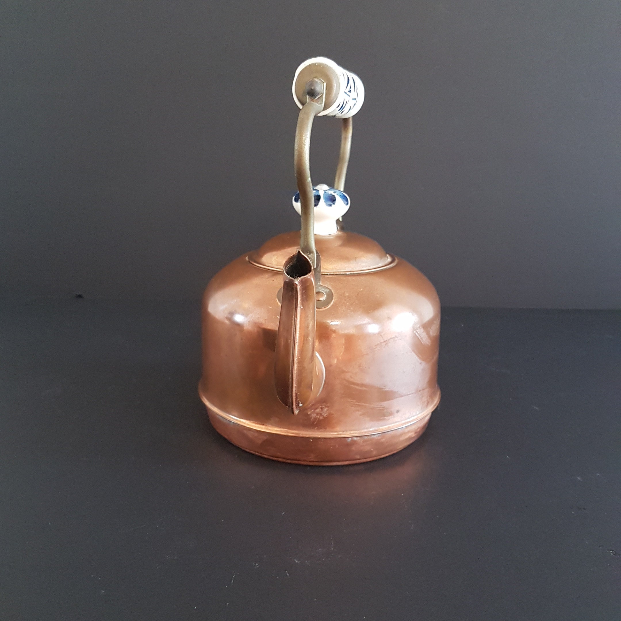 Vintage Copper Tea Kettle with Delft Blue Porcelain Handle & Knob, 5
