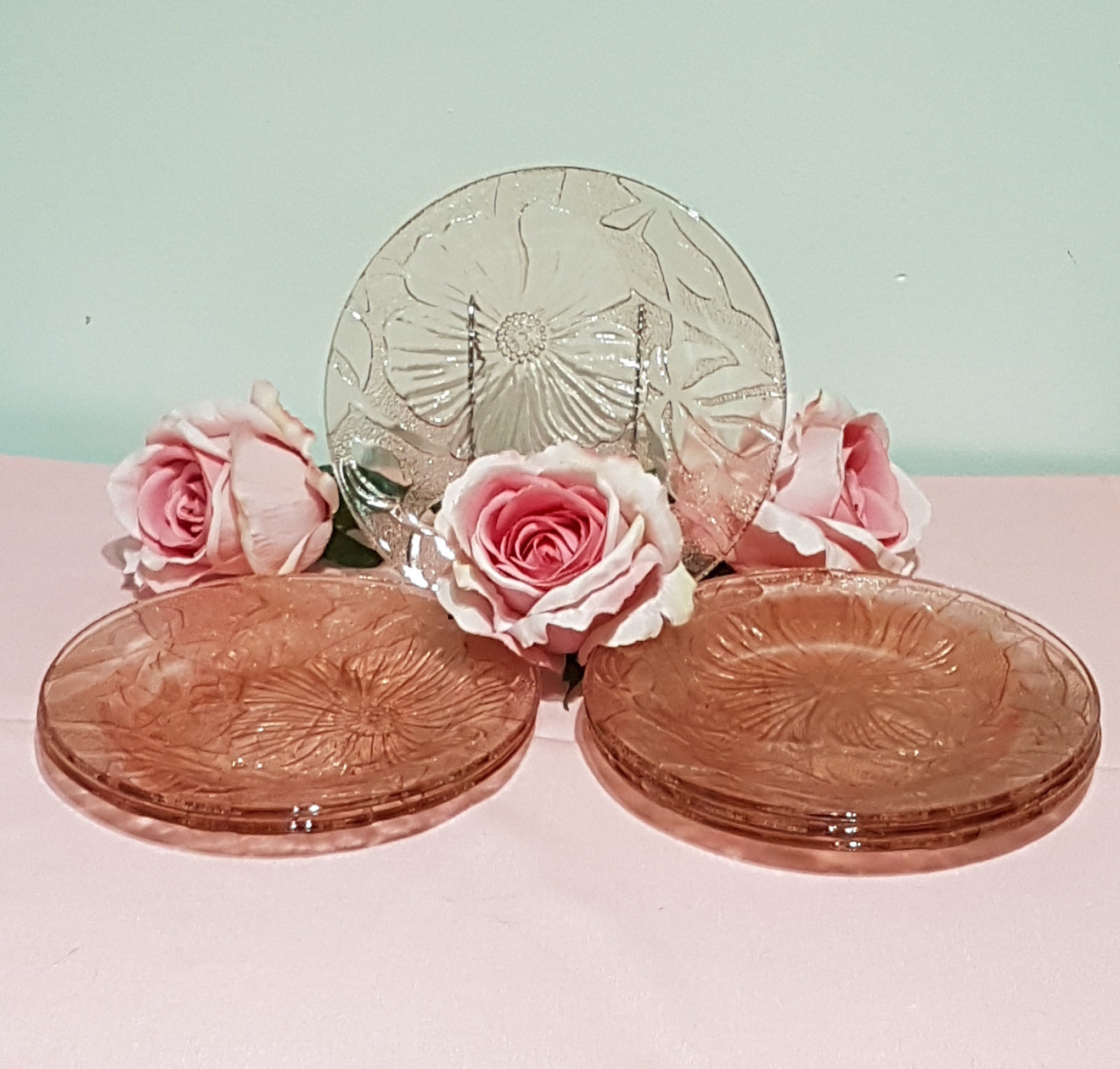 Pink KIG Indonesia Glass Plate Set, Pink Dessert Plates, 1980's