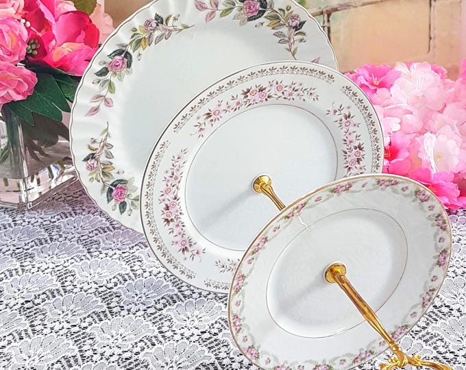 Mismatched 3-Tier Pink Rose Cake Stand: Handmade Dessert Serving Tray for Tea Parties & Weddings