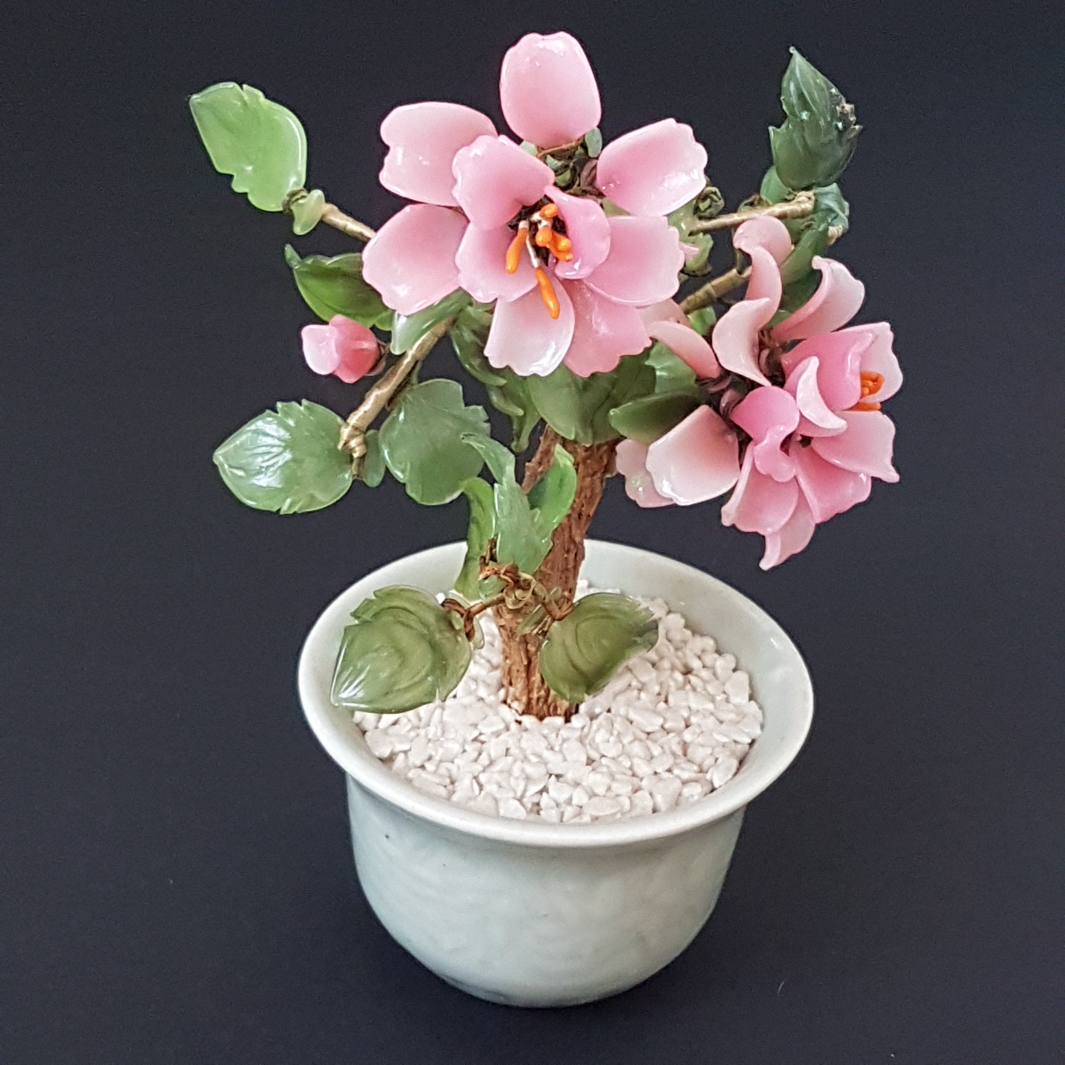 Vintage Glass Bonsai Tree, 6 x 5 Small Faux Flowering Bonsai, Oriental