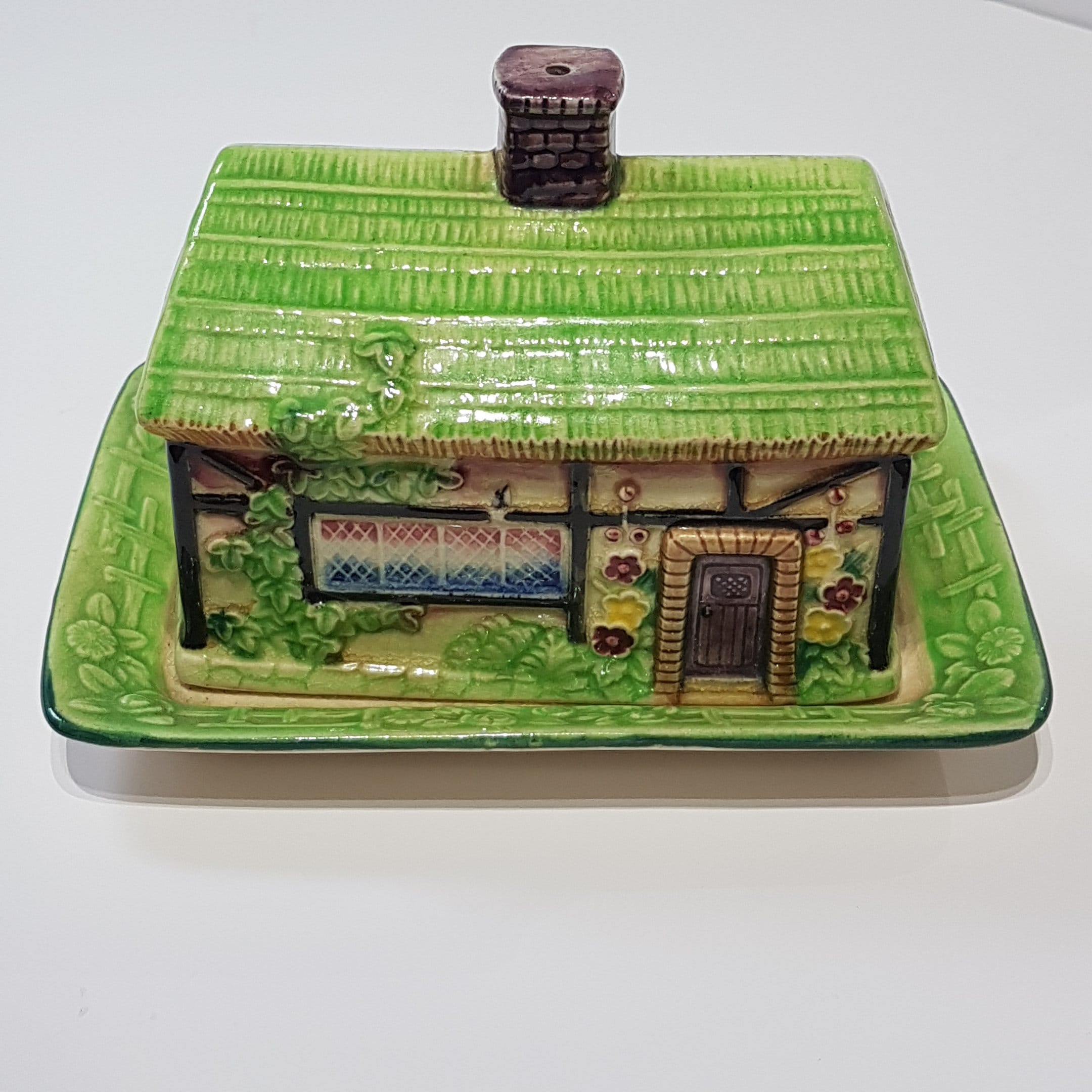 Marutomo Ware Cottage Butter Dish, Green Thatch Roof, Vintage Figural
