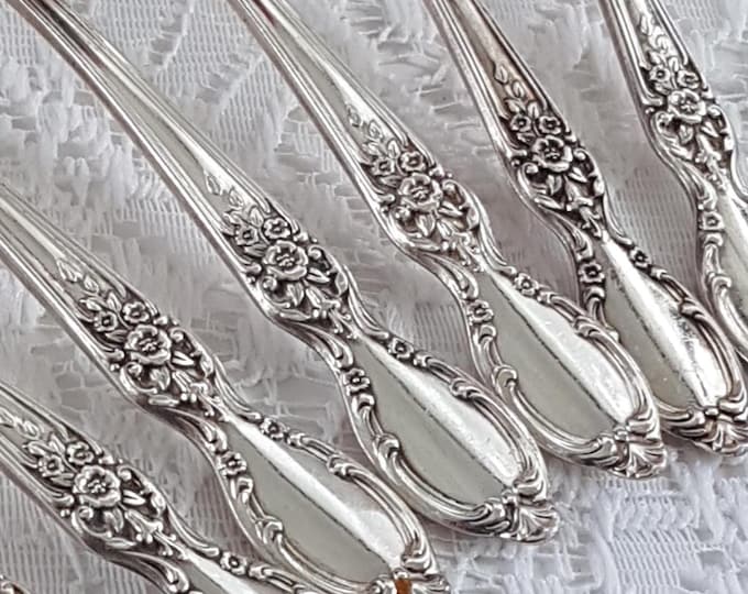 Vintage WM Rogers Victorian Rose 7pc Silver Plated Demitasse Spoon Set International Flatware Mid-Century