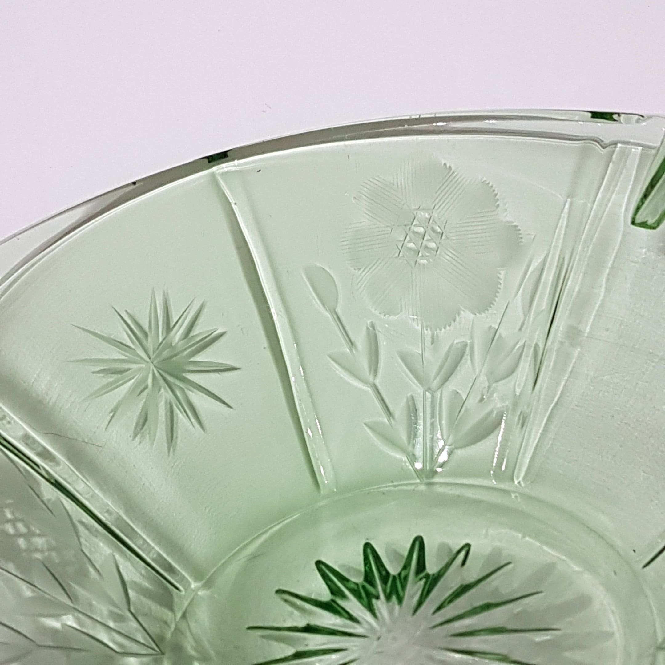 Vintage Green Depression Glass, Handled Glass Dish with Floral Etching