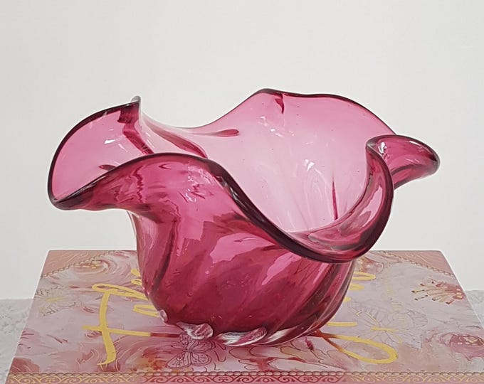Elegant Cranberry Glass Dish Handcrafted Candle Holder Wedding Gift