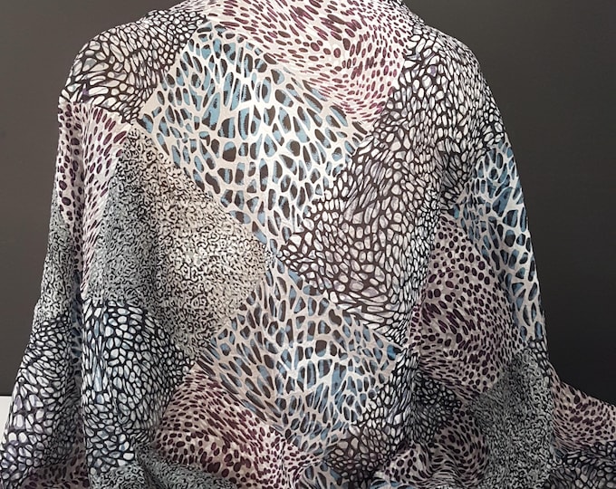 Vintage Silk Animal Print Scarf - Semi-Sheer Blue Purple Silk Shawl Wrap