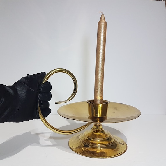 Brass Candle Holder, Extra Large Brass Chamberstick, Vintage Taper Candle, Candlestick  Holder, Pig Tail Handle, Brass Centerpiece 