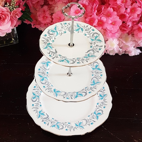 Handmade 3-Tier Blue Floral Bone China Cake Stand with Silver Trim for Wedding Display