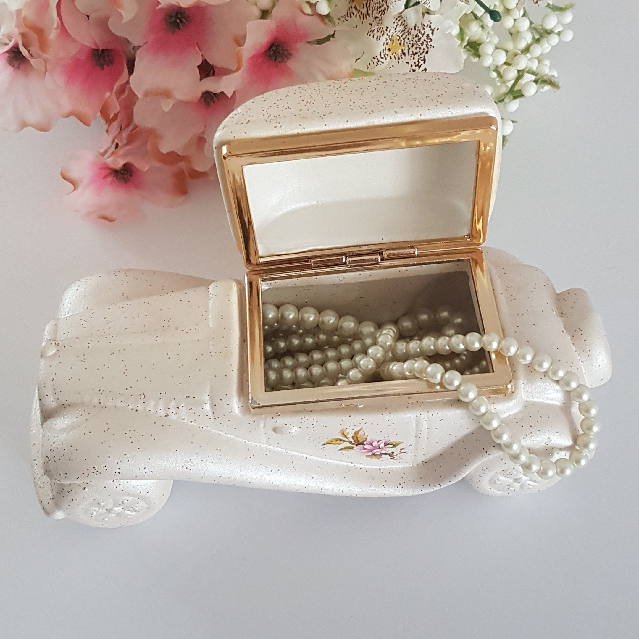 Vintage Berger Italian Porcelain Car Jewelry Box, Old Style Automobile