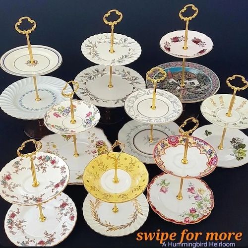 Handmade Bone China 2-tier Cake Stand: CHOICE of Vintage English