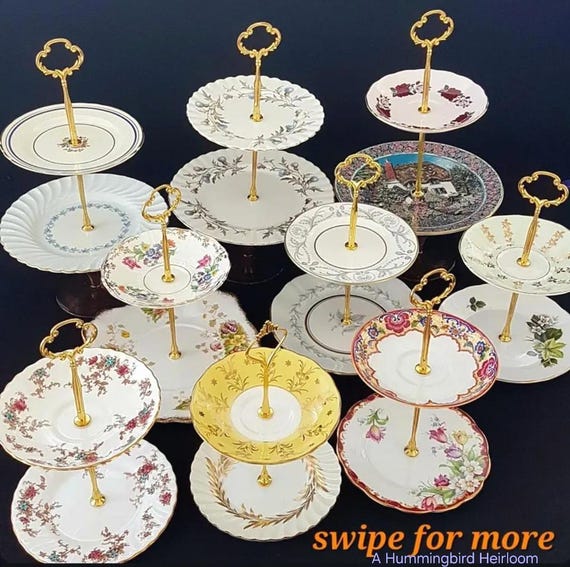 Handmade Bone China 2-Tier Cake Stand: CHOICE of Vintage English Tea Party Decor