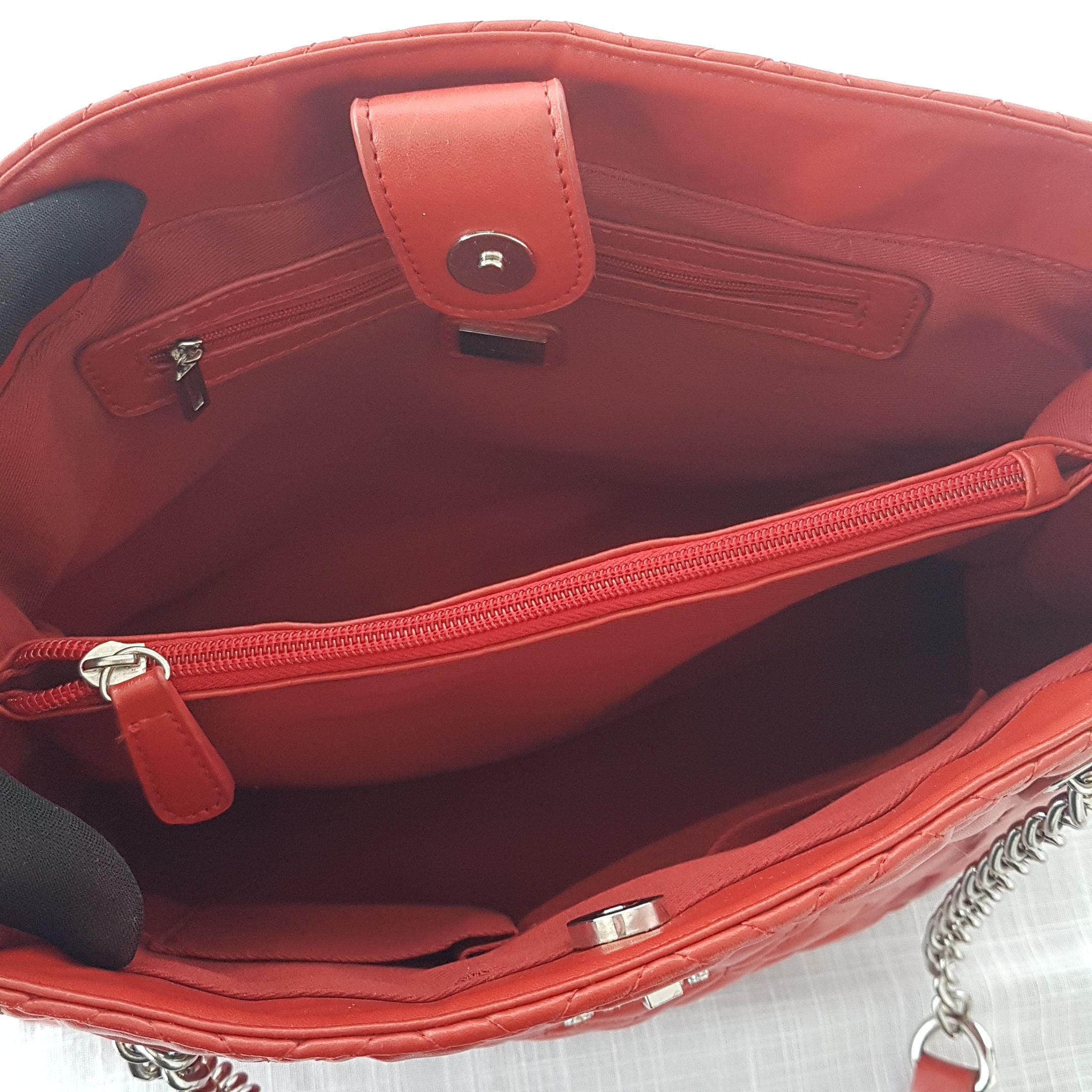 Guess, Bags, Guess Red Faux Saffiano Leather Charm Stitches Shoulder Bag  Tote