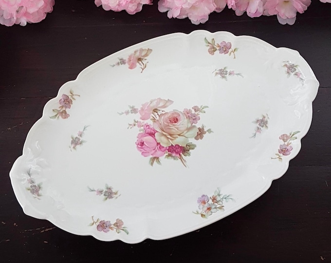 Limoges LEC for LeClair Oval Pedestal Dessert Stand with Pink Roses