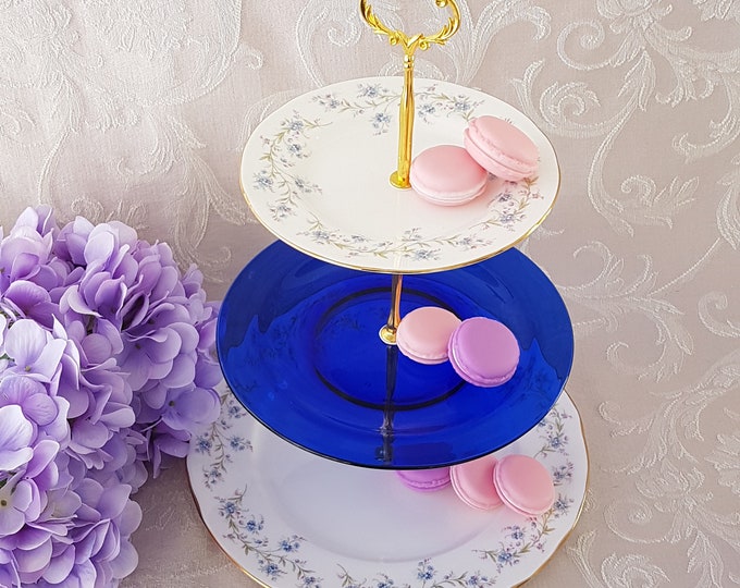 3 Tier Cake Stand, Blue Flower Duchess Bone China TRANQUILITY, Cobalt Blue Glass Plate, Tea Party Serving Tray