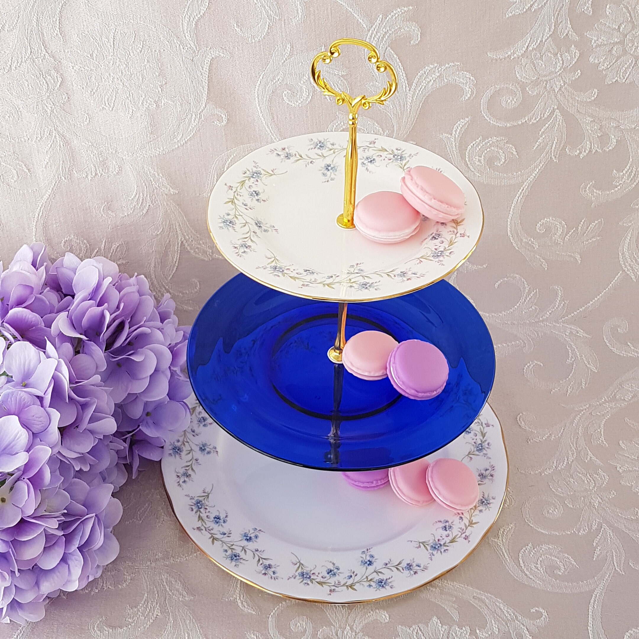3 Tier Cake Stand, Blue Flower Duchess Bone China TRANQUILITY, Cobalt