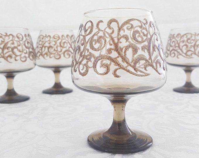 Vintage Libbey PRADO Tawny Brown Brandy Glasses, Raised Brown Scrolls