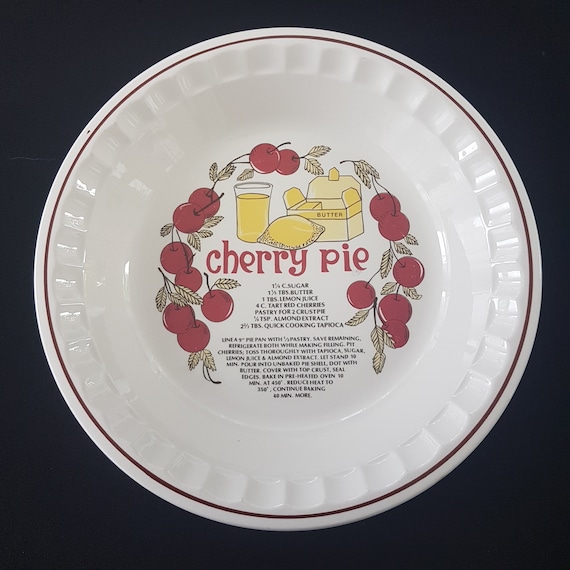 Vintage Ceramic Cherry Pie Plate with Recipe - Farmhouse Kitchen Baking Dish for Home Cooks