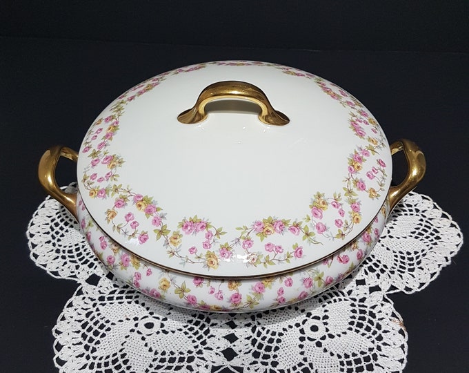 Limoges Porcelain, Covered Serving Bowl, Jean Boyer Limoges, Pink Yellow Rose Swags, Pattern BOJ86