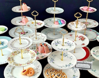 3-Tier Vintage English Bone China Cake Stand with Gold Edge Mismatched Floral Serving Tray