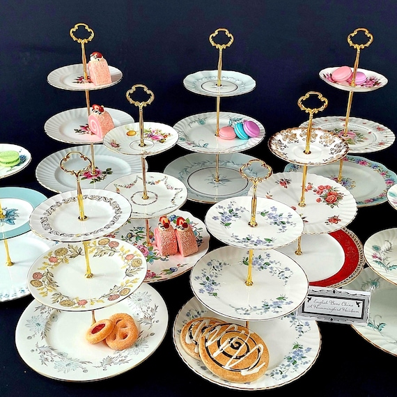 3-Tier Vintage English Bone China Cake Stand with Gold Edge Mismatched Floral Serving Tray