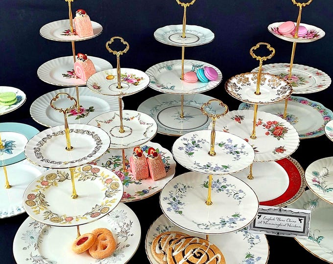 3-Tier Vintage English Bone China Cake Stand with Gold Edge Mismatched Floral Serving Tray
