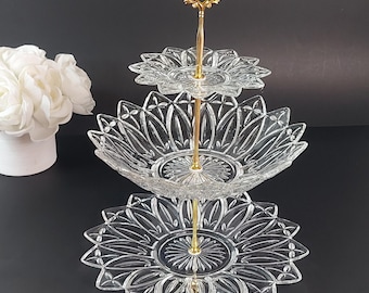 Elegant 3-Tier Floral Glass Cake Stand: Federal Glass Petal Flower Shaped Bowl & Plates