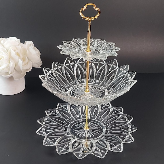 Elegant 3-Tier Floral Glass Cake Stand: Federal Glass Petal Flower Shaped Bowl & Plates