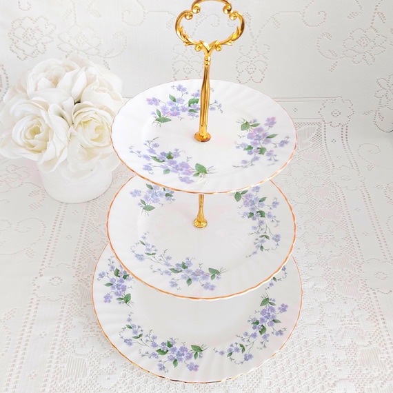 Royal Adderley Forget-Me-Not 3 Tier Bone China Cake Stand Blue Floral Dessert Stand