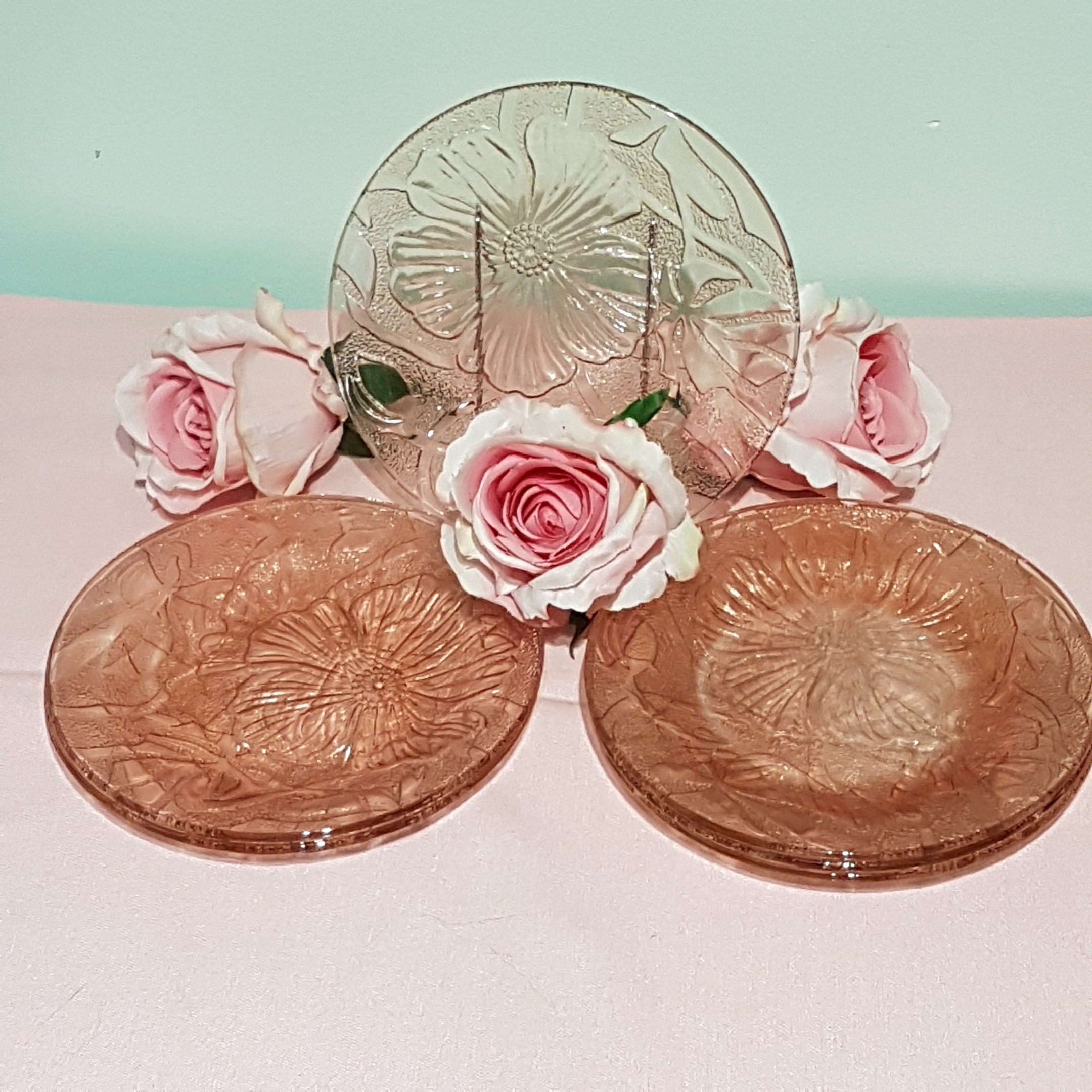 Pink KIG Indonesia Glass Plate Set, Pink Dessert Plates, 1980's