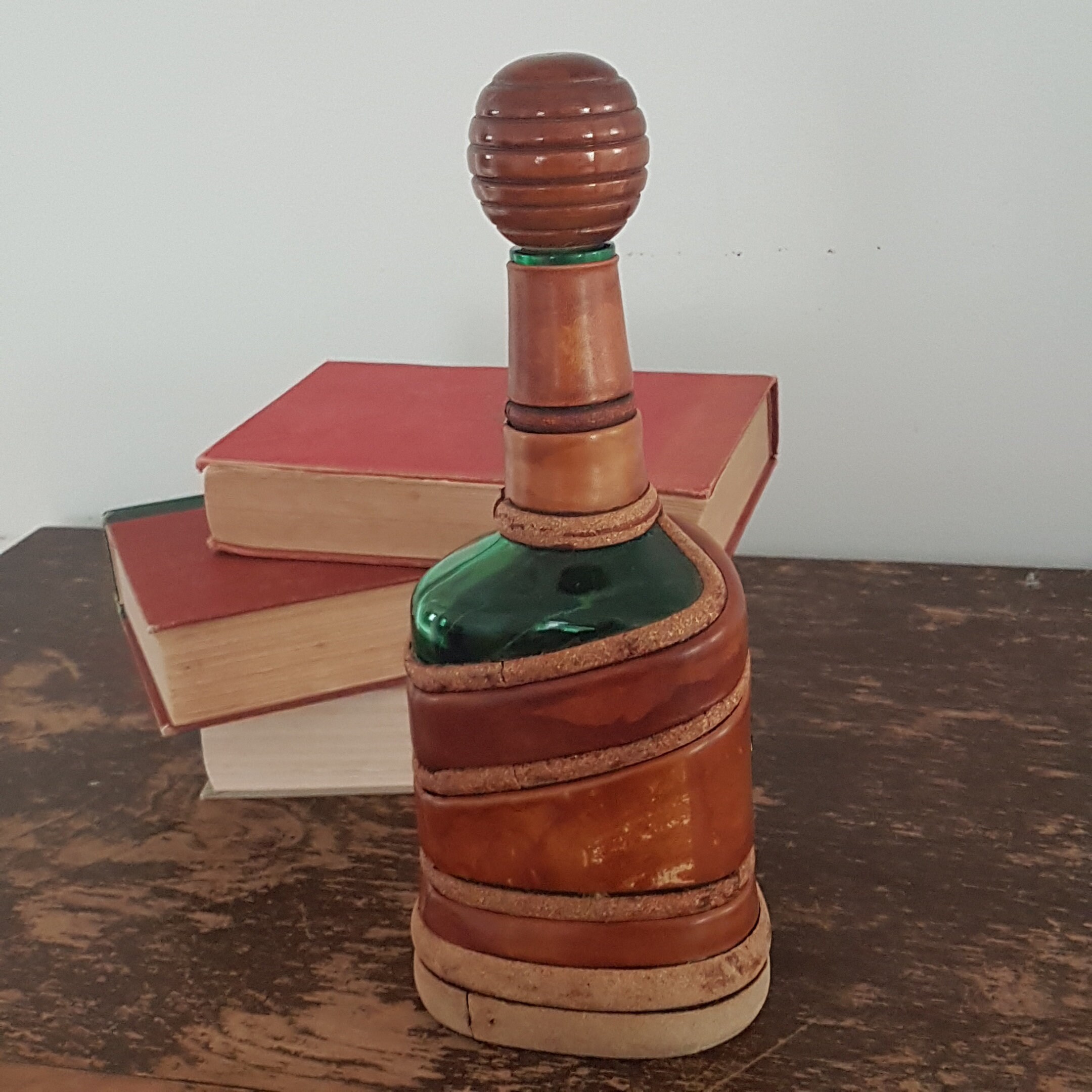 Vintage Leather Wrapped Liquor Bottle, Triangle Shape, Made in Italy
