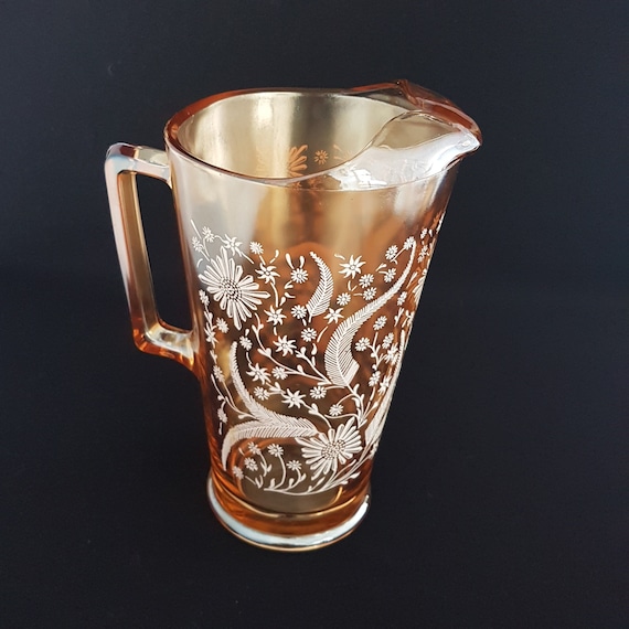 Vintage Jeannette Marigold Carnival Glass 56oz Pitcher with White Floral Cosmos Design