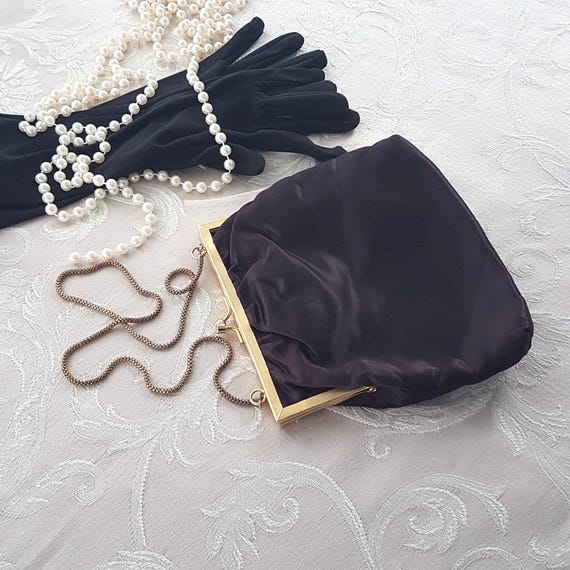 Vintage Black Evening Bag: 1960s Hand Made Kiss Lock Shoulder Purse