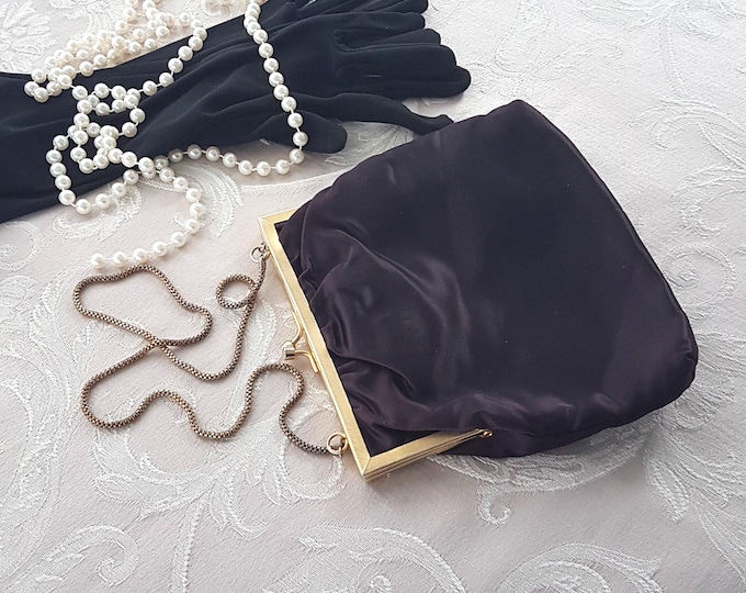 Vintage Black Evening Bag: 1960s Hand Made Kiss Lock Shoulder Purse