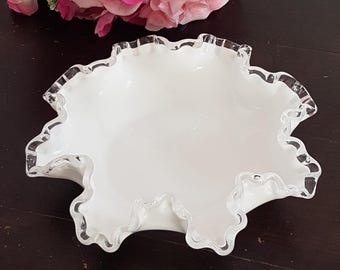 Fenton Silver Crest Milk Glass Candy Dish with Clear Ruffled Rim
