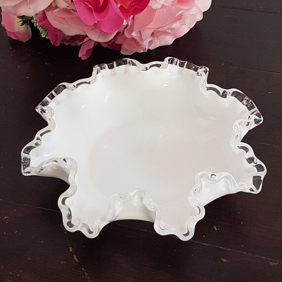Fenton Silver Crest Milk Glass Candy Dish with Clear Ruffled Rim - Vintage Mid Century