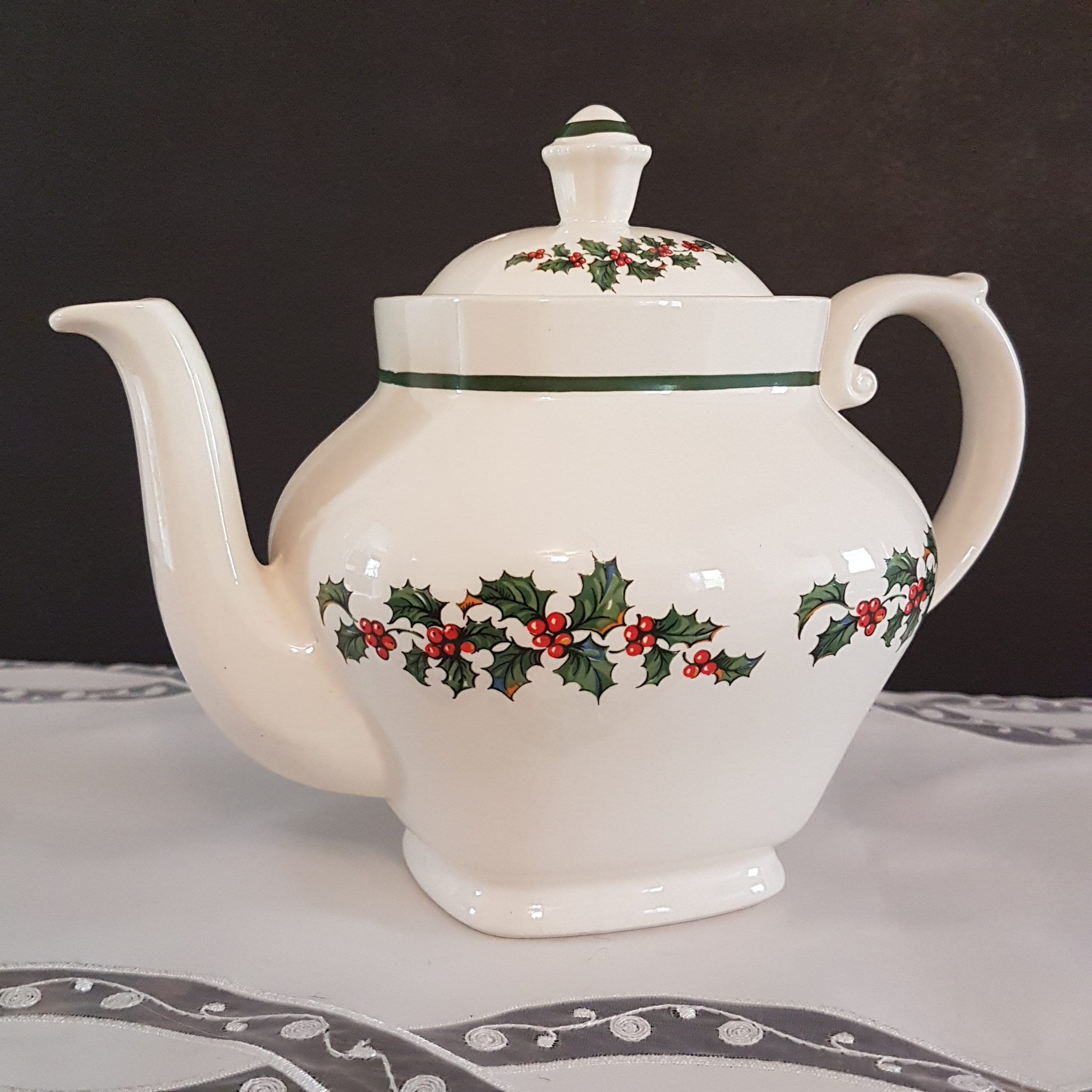 Vintage Myott Ironstone Ware Christmas Teapot with Holly & Red Berries